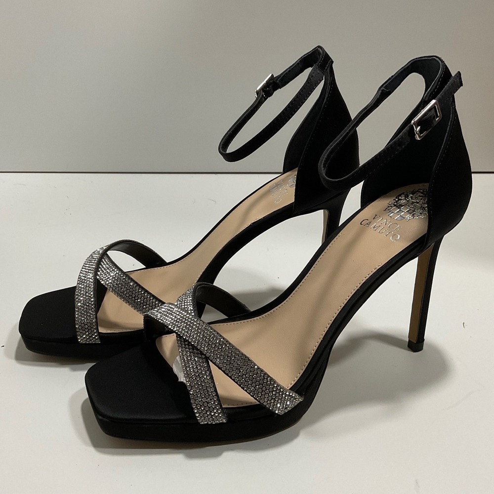 Vince Camuto Kalvira2 Black‎ Satin Rhinestone Ankle Strap Heels Womens 9.5M